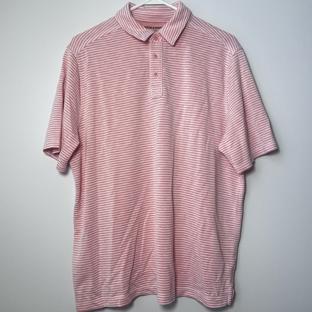 JOHNSTON & MURPHY Orange & White Striped Vintage Slub Polo Shirt Size Large